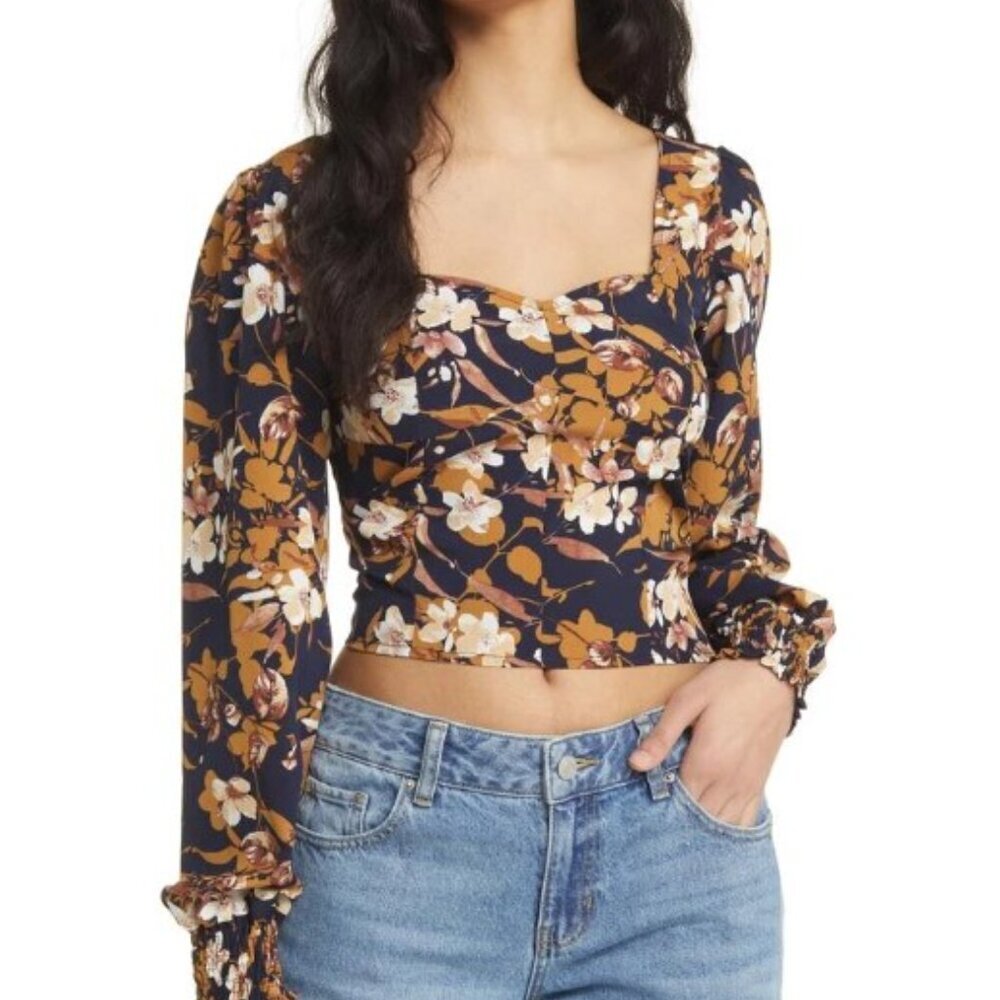Vigoss Floral Crop Blouse Black Brown Sweetheart Neck Smocked Long Sleeve XL